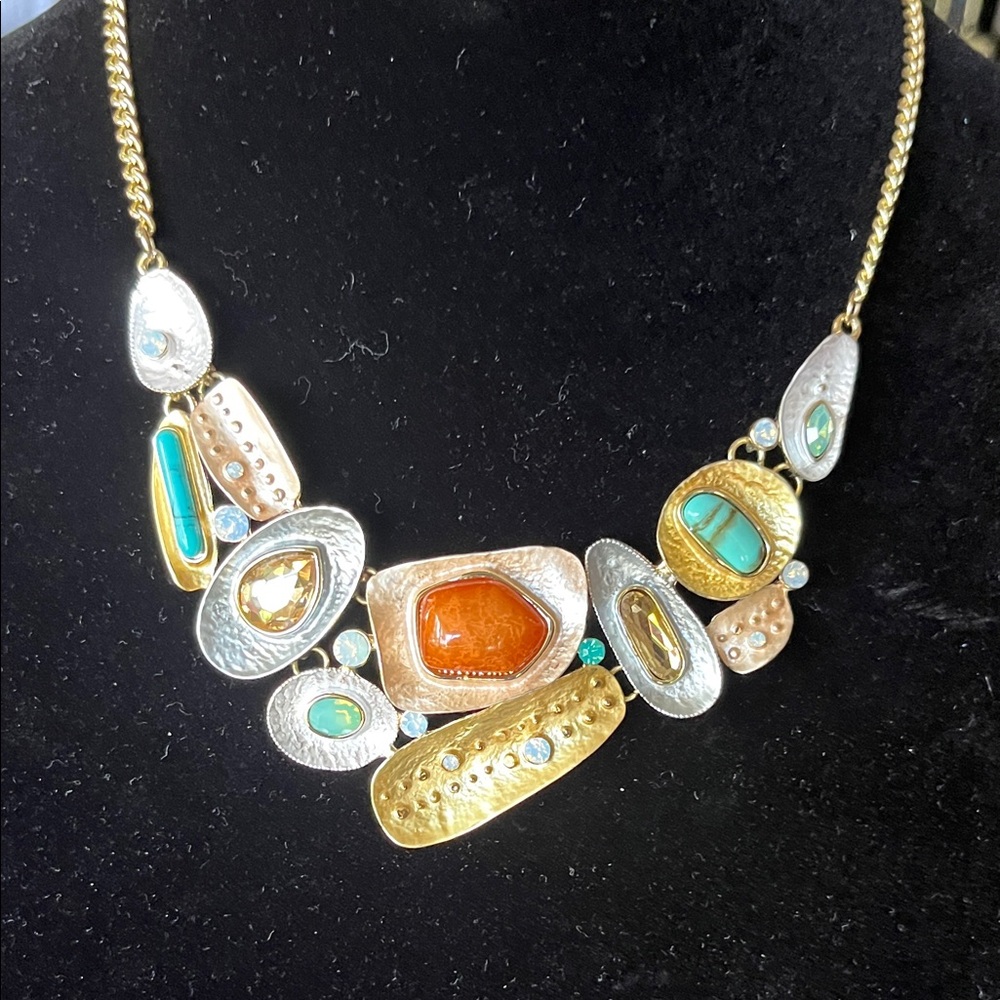 Statement costume Necklace with Turquoise , brown and citrine Accents